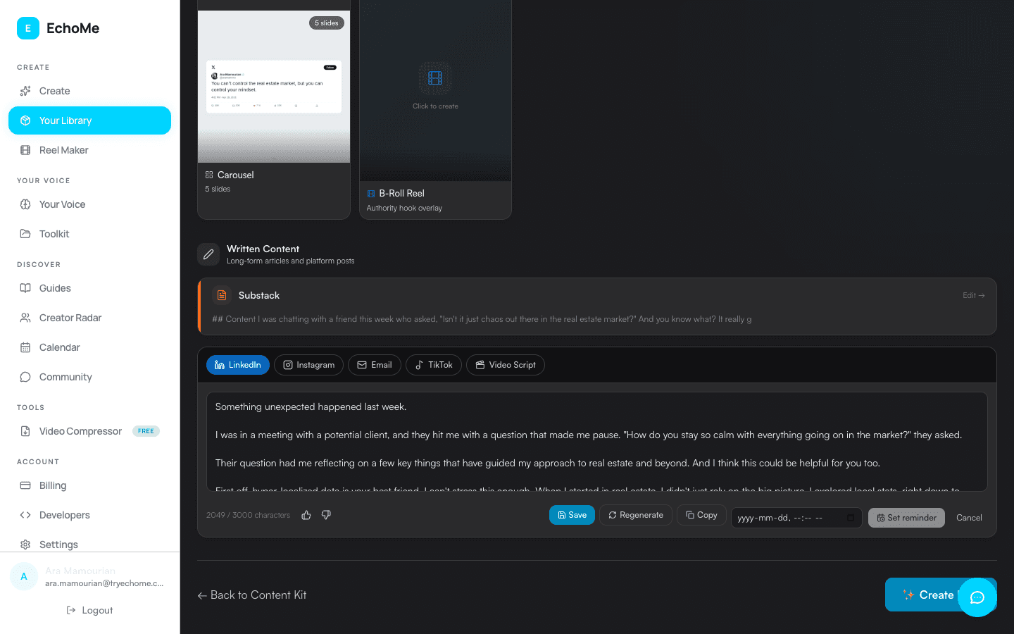 Content Kit editor showing generated visuals and a written post draft with platform tabs, Save, Regenerate, and Copy actions