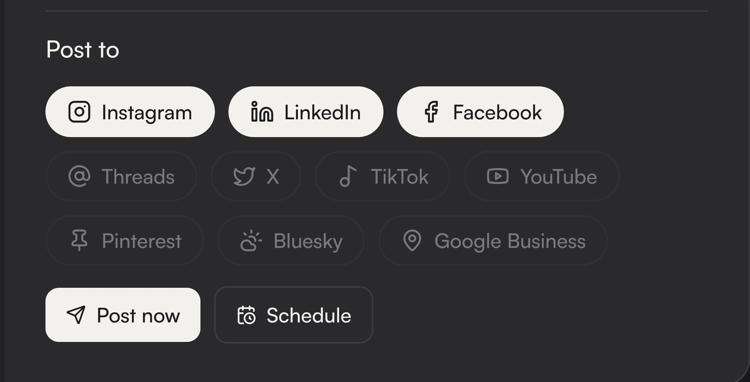 Platform picker with Instagram, LinkedIn, and Facebook selected, plus Post now and Schedule buttons