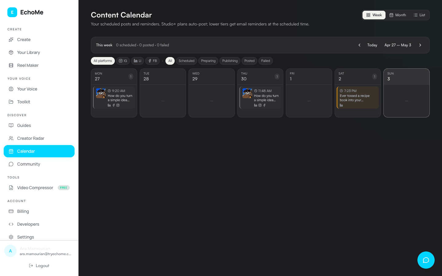 Content Calendar week view with Week, Month, and List toggle and scheduled posts by day