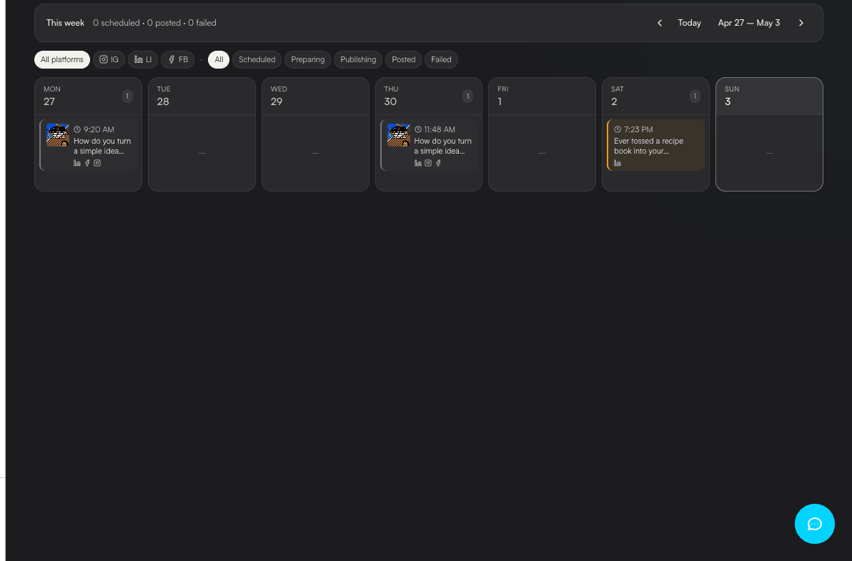 Content calendar with scheduled posts across platforms