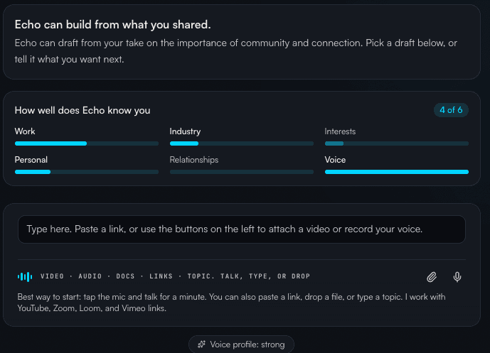 EchoMe universal input box — paste a link, type a topic, drop a video, or record a voice note