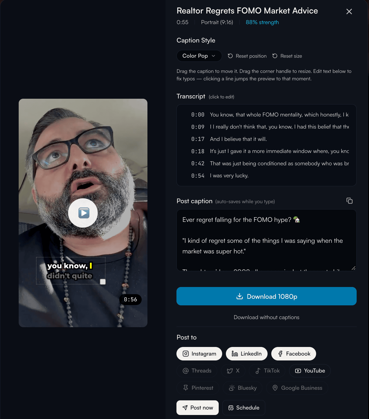 Clip editor: caption style, transcript, and post caption